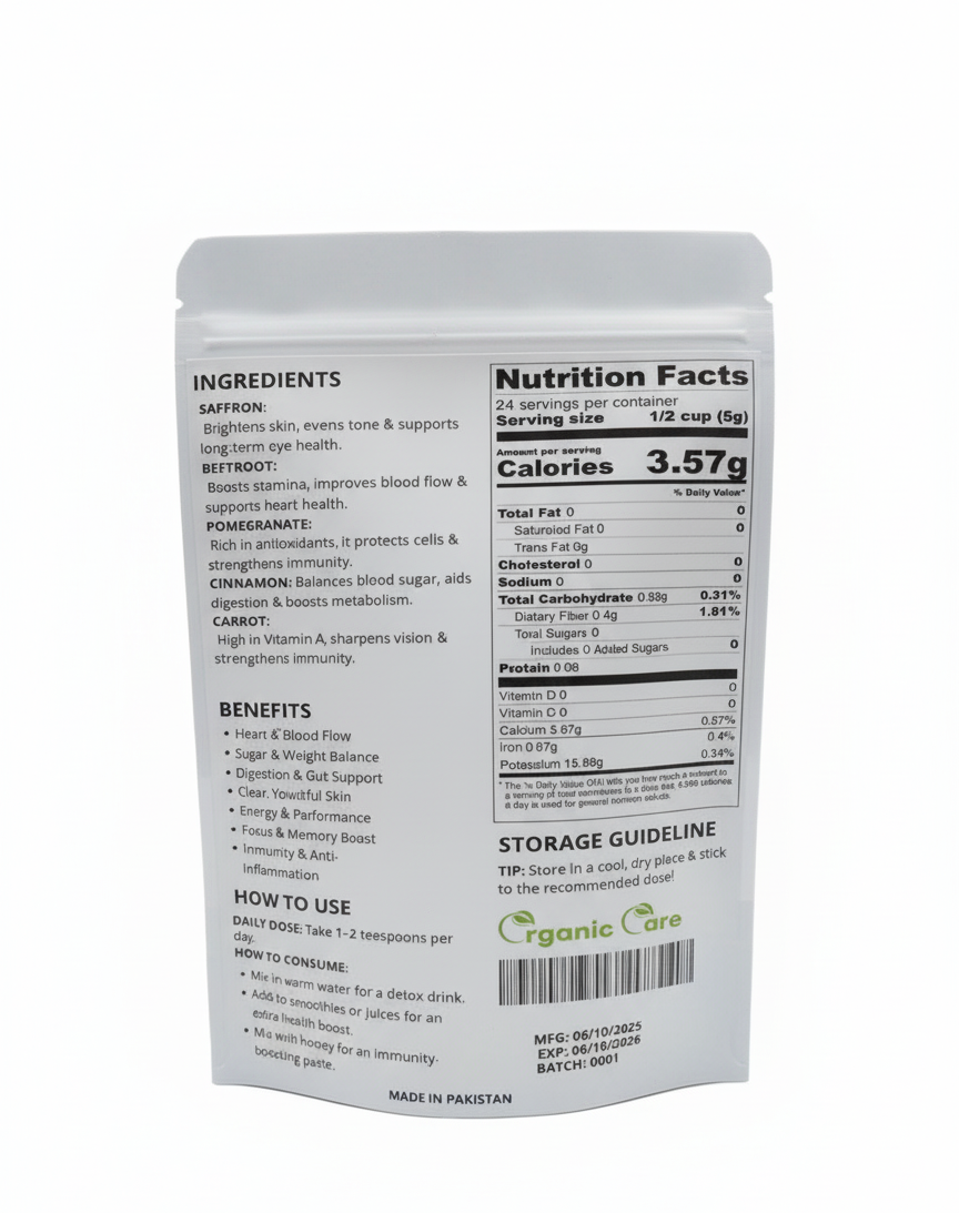 Back view of a supplement package with text on ingredients, nutrition facts, benefits, and usage instructions.