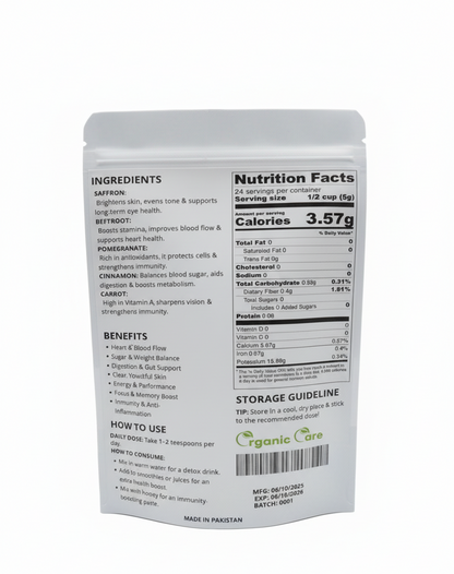 Back view of a supplement package with text on ingredients, nutrition facts, benefits, and usage instructions.
