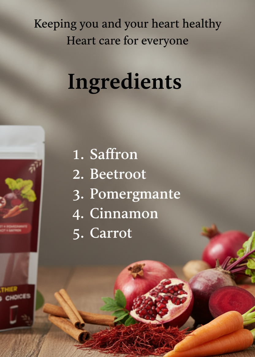 Ingredients for heart health with saffron, beetroot, pomergante, cinnamon, and carrot on a wooden surface.