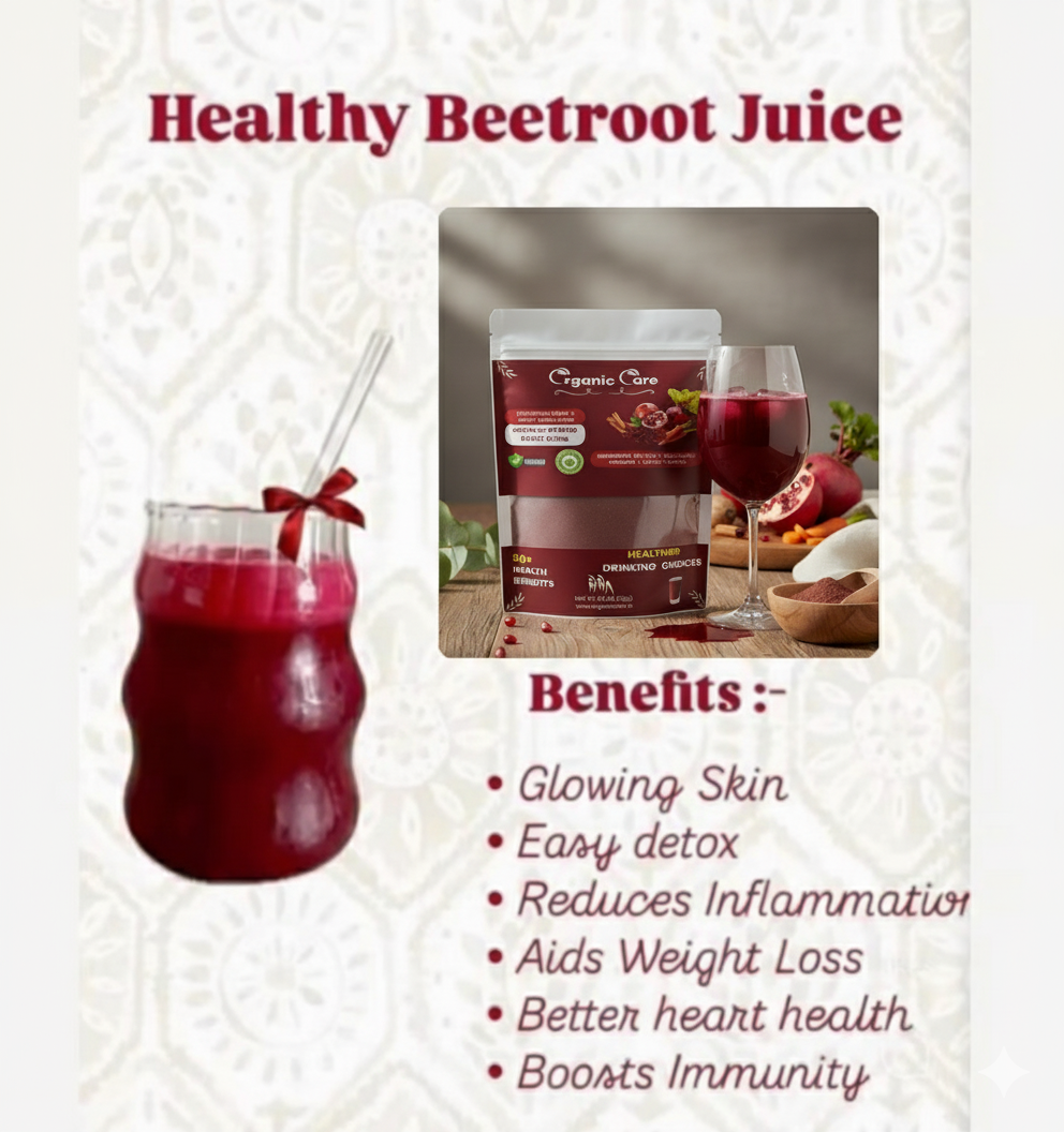 Beetroot juice with a package and health benefits listed on a textured background