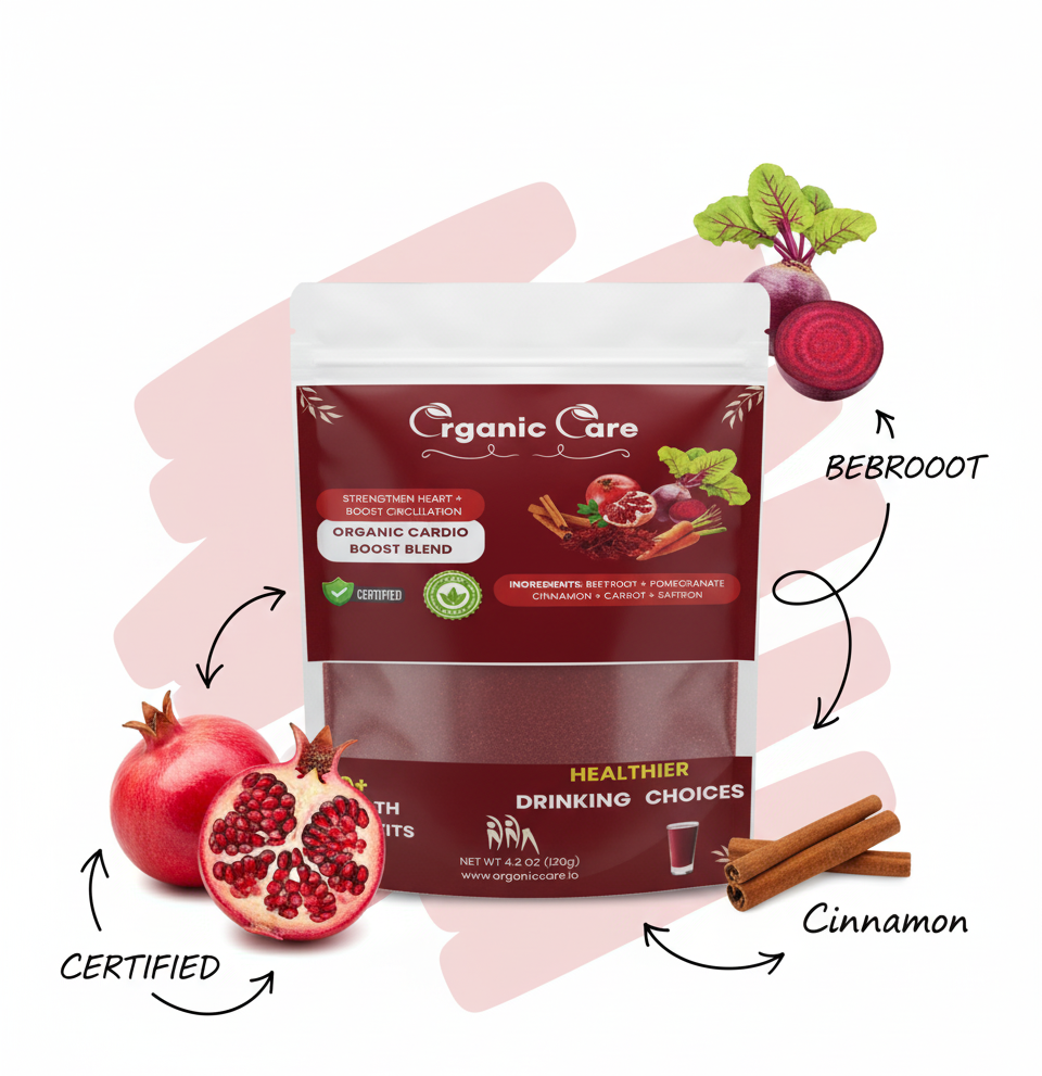 Organic Care product packaging with ingredients like beetroots, pomegranate, and cinnamon on a white background
